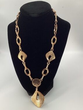 Vintage Gold Tone Textured Abstract Link Statement Necklace